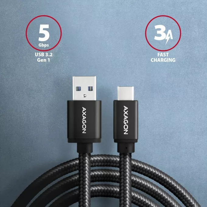 AXAGON Kabel USB-C - USB-A 2m USB 3.2 Gen 1, 3A, ALU, oplot BUCM3-AM20AB, czarny