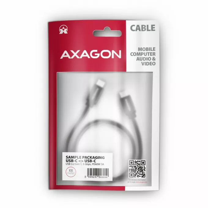AXAGON Kabel USB-C  USB-C 3.2 Gen 1, 1m, PD 60W 3A, ALU, oplot BUCM3-CM10AB, czarny