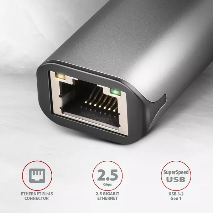 AXAGON Karta sieciowa 2.5 Gigabit Ethernet, Realtek 8156 ADE-25R USB-A 3.2 Gen 1, automatyczna instalacja, szara
