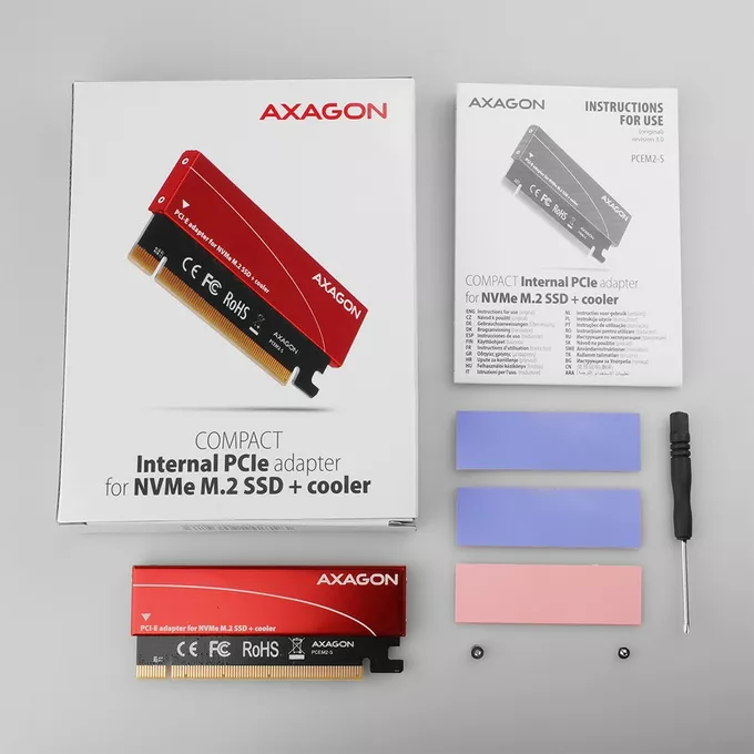 AXAGON Adapter wewnętrzny PCEM2-S, PCIe x16 M.2 NVMe M-key slot aluminiowa osłona