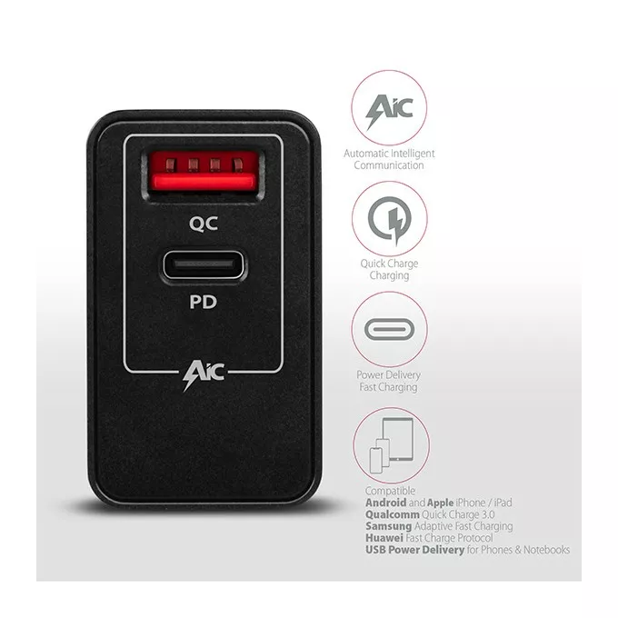 AXAGON Ładowarka sieciowa ACU-PQ22, PD &amp; QC 22W, 2x port (USB-A + USB-C), PD3.0/QC3.0/AFC/FCP/Apple, czarna