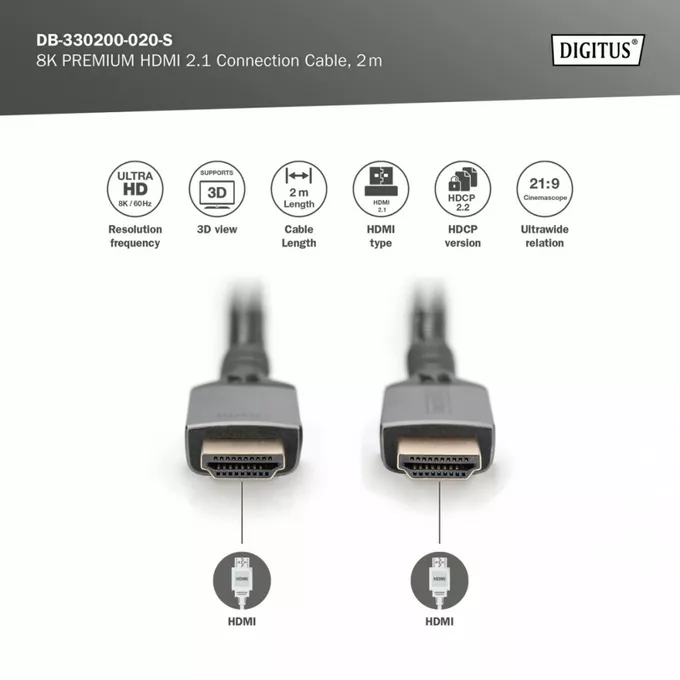 Digitus Kabel Premium połączeniowy HDMI 2.1 Ultra HighSpeed 8K60Hz UHD Typ HDMI A/A M/M 2m Czarny