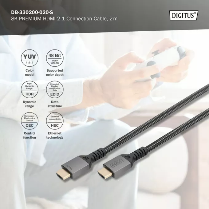 Digitus Kabel Premium połączeniowy HDMI 2.1 Ultra HighSpeed 8K60Hz UHD Typ HDMI A/A M/M 2m Czarny