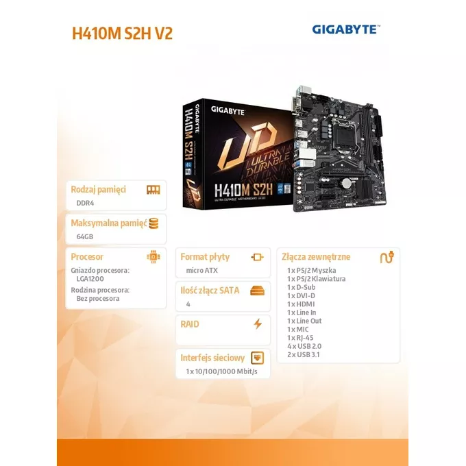 Gigabyte Płyta główna H410M S2H V2 s1200 2DDR4 HDMI/DVI/D-SUB M.2 mATX