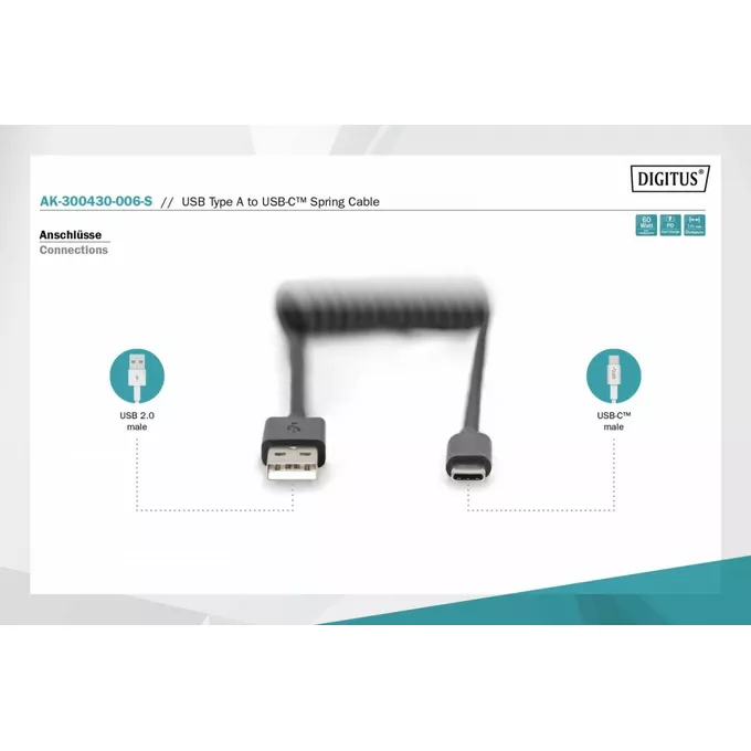 Digitus Kabel spiralny USB A/USB C, USB 2.0, PD 60W, max. 1m Czarny