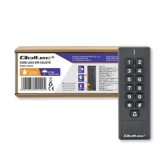 Qoltec Zamek szyfrowy CALISTO z czytnikiem RFID | kod | karta | brelok |dzwonek | IP68 | EM