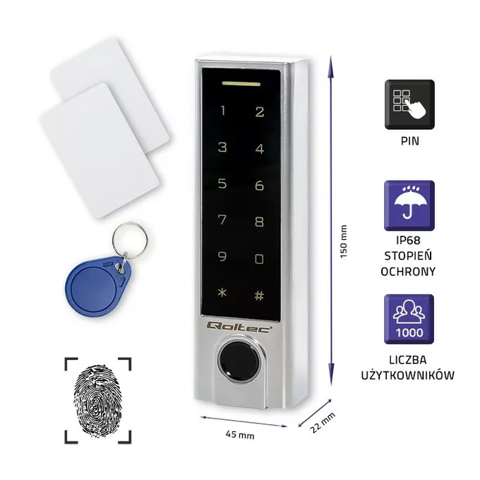 Qoltec Zamek szyfrowy dotykowy PROTEUS z czytnikiem linii papilarnych | RFID | kod | karta | brelok | dzwonek | IP68 | EM