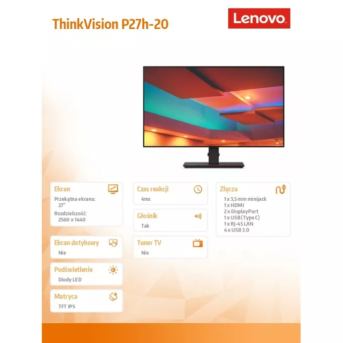 Lenovo Monitor 27.0 ThinkVision P27h-20 WLED LCD 62DAGAT6EU