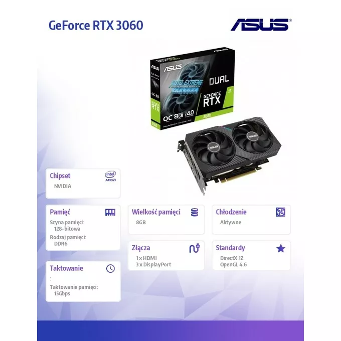Asus Karta graficzna GeForce RTX 3060 DUAL OC 8GB GDDR6 128bit 3DP/HDMI