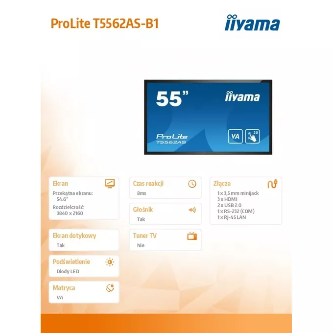 IIYAMA Monitor wielkoformatowy 55 cali T5562AS-B1 POJ.20PKT.24/7,VA,500cd,ANDROID8.0