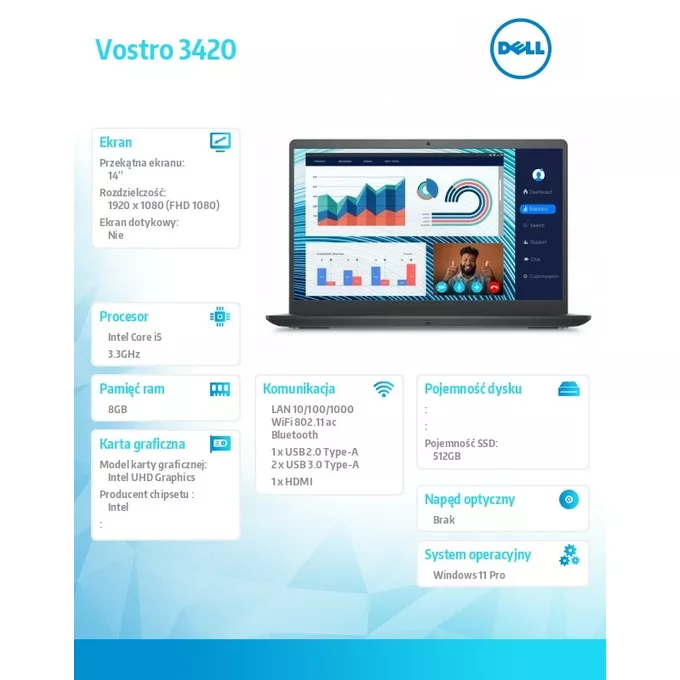 Dell Notebook Vostro 3420 Win11Pro i5-1235U/8GB/512GB SSD/14.0 FHD/Intel UHD/Cam &amp; Mic/WLAN + BT/Backlit Kb/3 Cell/3Y ProSupport