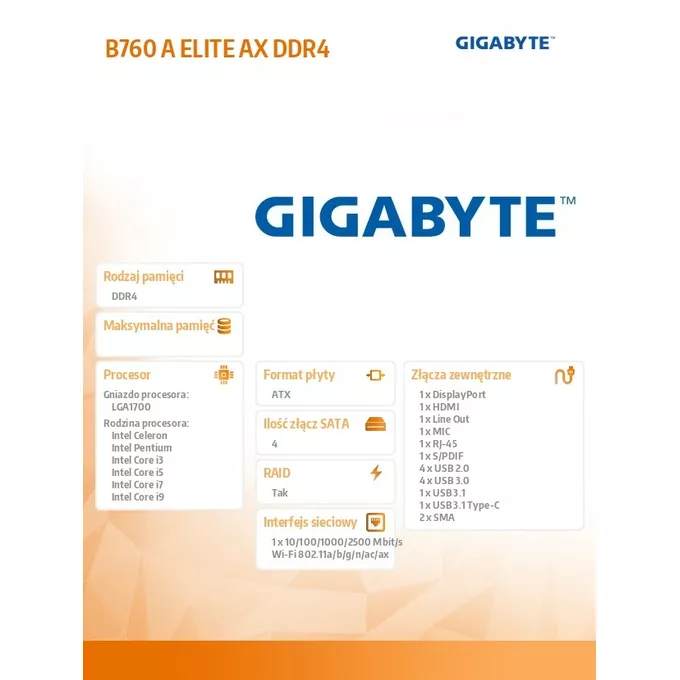 Gigabyte Płyta główna B760 A ELITE AX s1700 DDR4 ATX