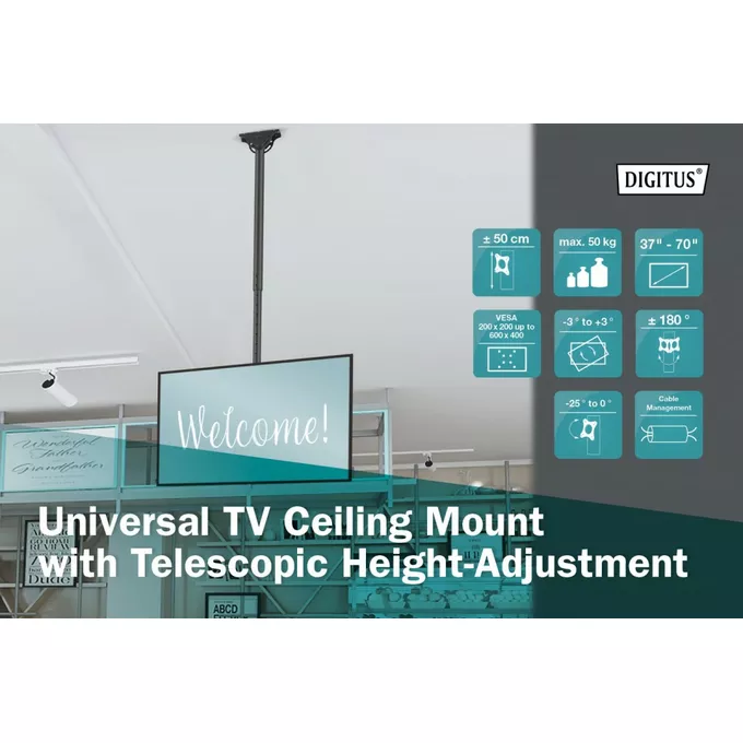 Digitus Uchwyt sufitowy TV 37&quot;-70&quot; 50kg, z regulacją teleskopową 1060-1560mm