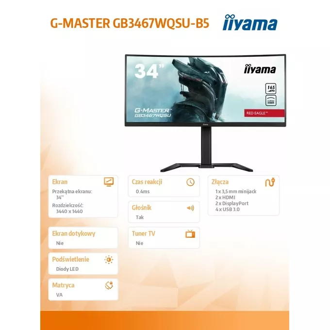 IIYAMA Monitor 34 cale G-MASTER GB3467WQSU-B5 VA,UWQHD,165HZ,HAS(15cm),1500R,4xUSB