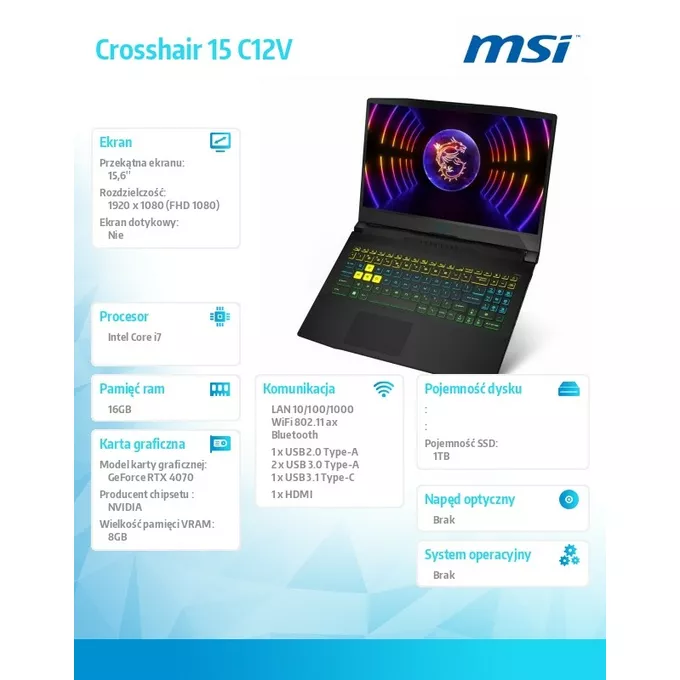 MSI Notebook Crosshair 15 C12VG-242XPL nOS/I7-12650/16GB/1TGB/RTX4070 ...