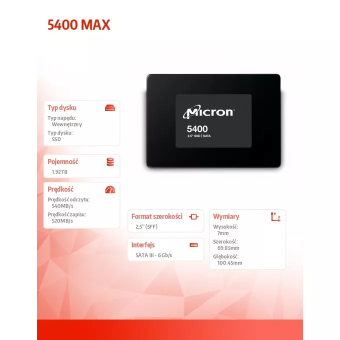 Micron Dysk SSD 5400 MAX 1920GB SATA 2.5 7mm Single Pack | Alsen.pl