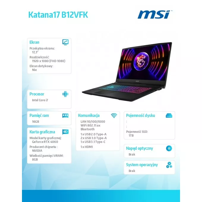 MSI Notebook Katana 17 B12VFK-075XPL nOS/i7-12650H/16GB/1TB/RTX4060/17.3
