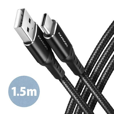 AXAGON BUCM-AM15AB Kabel USB-C   USB-A, 1.5m, USB 2.0, 3A, ALU, oplot, Czarny