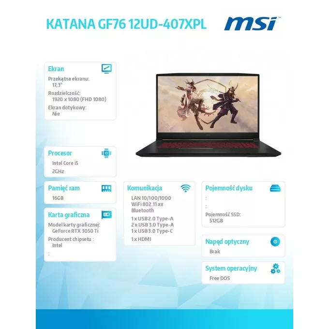 MSI Notebook KATANA GF76 12UD-407XPL nOS i5-12450H/16GB/512SSD/RTX3050Ti/17.3 cala