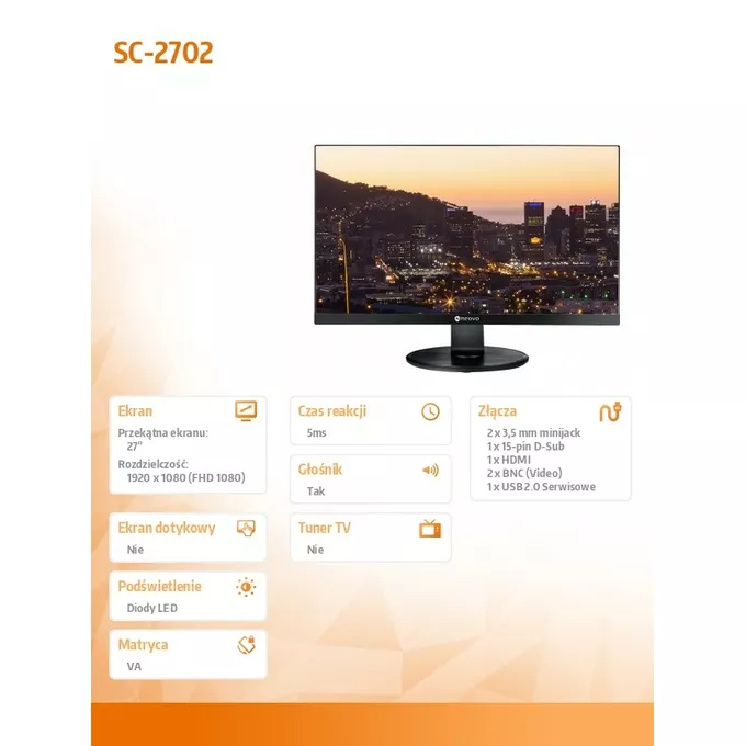 AG NEOVO Monitor 27 cali SC-2702 LED VA FHD HDMI VGA BNC