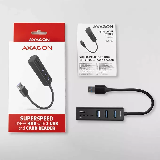 AXAGON HMA-CR3A Wieloportowy hub 3x USB-A + SD/microSD, USB3.2 Gen 1 hub, metalowy, 20cm USB-A kabel