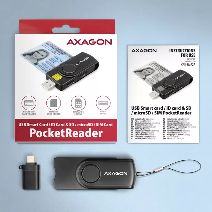 AXAGON CRE-SMP2A Czytnik kart identyfikacyjnych &amp; SD/microSD/SIM card PocketReader USB