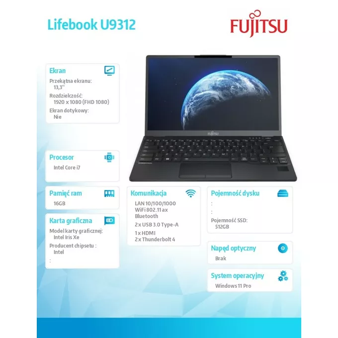 Fujitsu Notebook Lifebook U9312 Czarny/13.3/i7-1265U/16GB/512 SSD/W11P       PCK:U9312MF7EMPL