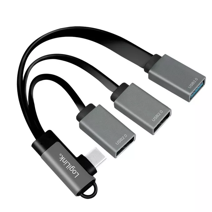 LogiLink Hub USB 3.2, USB-C/M 90, do 3xUSB-A/F, 0.15m