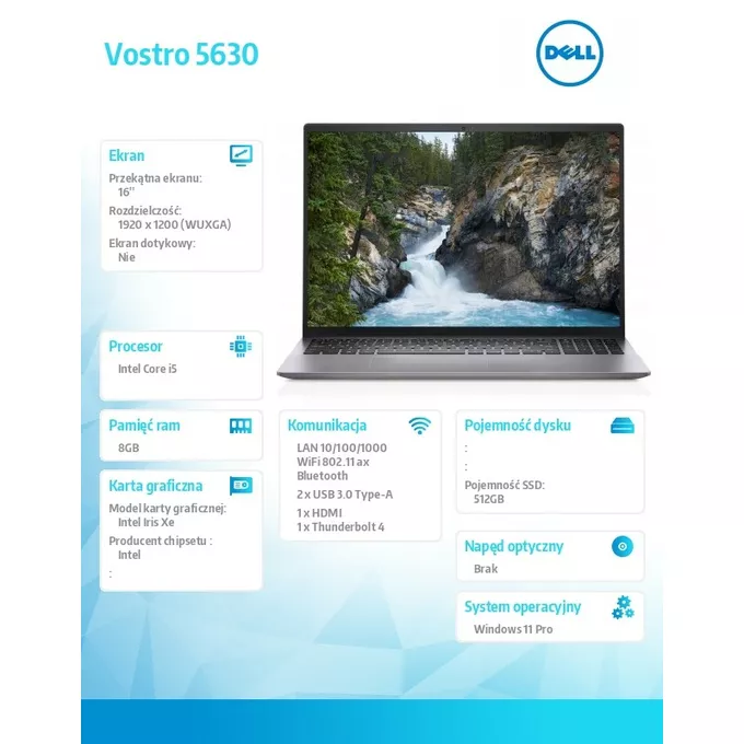 Dell Notebook Vostro 5630 Win11Pro i5-1340P/8GB/512GB SSD/16 FHD+/Intel Iris Xe/WLAN + BT/Backlit Kb/4 Cell/3Y ProSupport