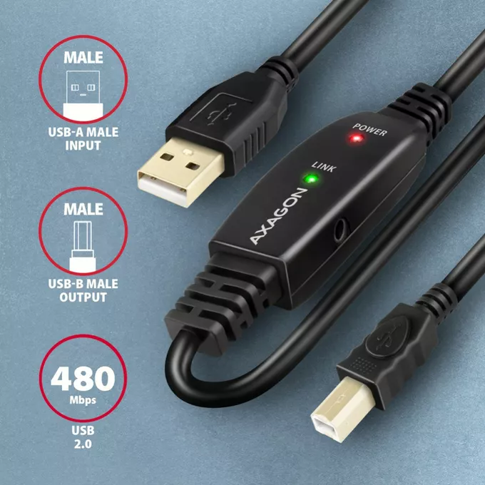 AXAGON Kabel ADR-220B USB 2.0 A-M -&gt; B-M aktywny kabel połączeniowy/wzmacniacz 20m