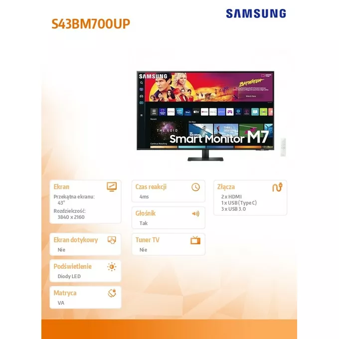 Samsung Monitor 43 cale SMART M7 VA 3840x2160 UHD 16:9 2xHDMI 1xUSB-C (65W) 4 ms (GTG) głośniki płaski 2Yd2d (LS43BM700UPXEN)