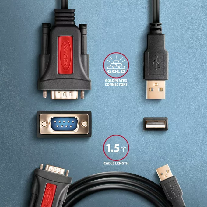 AXAGON ADS-1PSN Adapter USB 2.0 &gt; RS-232 Port szeregowy, 1.5m kabel, chip Prolific