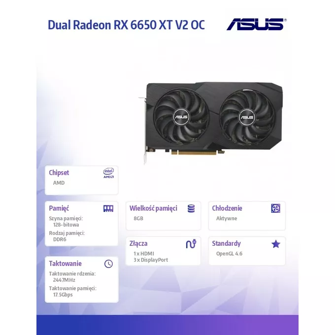 Asus Karta graficzna Radeon RX 6650XT DUAL OC V2 8G B GDDR6 128bit 3DP/HDMI