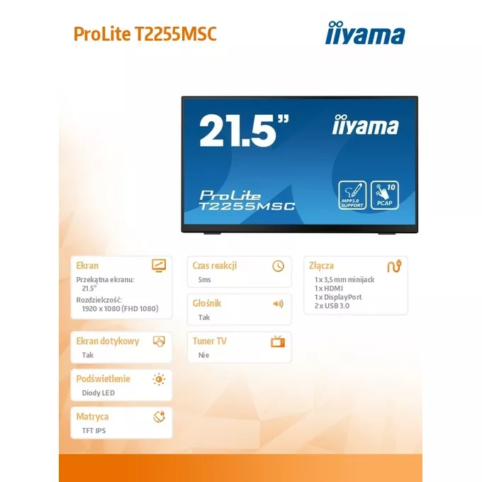 IIYAMA Monitor 21.5 cala T2255MSC-B1 POJ.10PKT.IPS,HDMI,DP,2xUSB 3.0