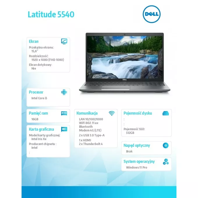 Dell Notebook Latitude 5540 Win11Pro i5-1335U/16GB/512GB SSD/15.6 FHD/Integrated/FgrPr &amp; SmtCd/FHD/IR Cam/Mic/LTE 4G+BT/Backlit Kb/3 Cell/3YPS