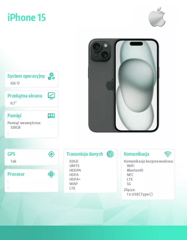 Apple iPhone 15 128GB - Czarny | Alsen.pl