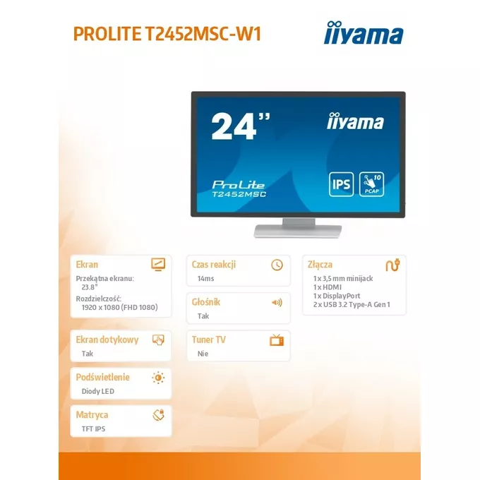 IIYAMA Monitor 24 cale T2452MSC-W1 10 PKT. POJ,IPS,HDMI,DP