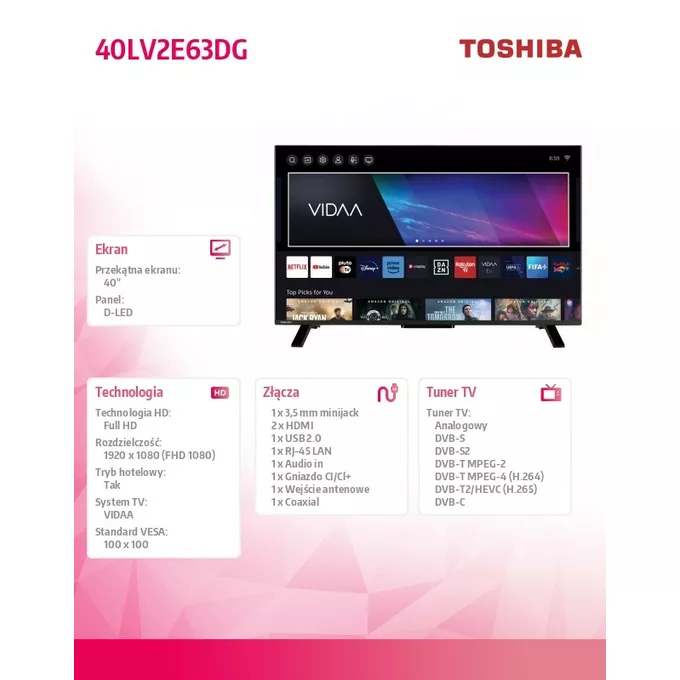 Toshiba Telewizor LED 40 cali 40LV2E63DG