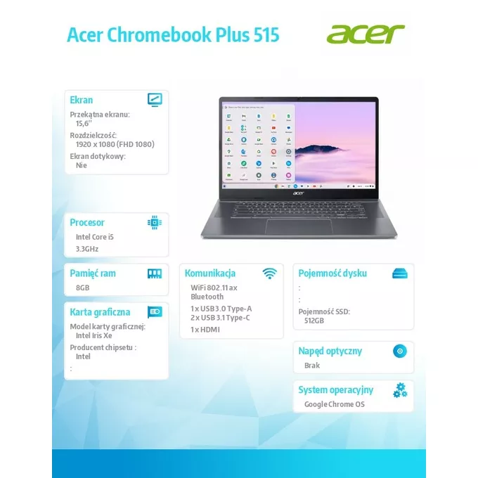 Acer Chromebook CB515-2H-55JL CHROME OS/I5-1235U/8GB/512SSD/UMA/15.6