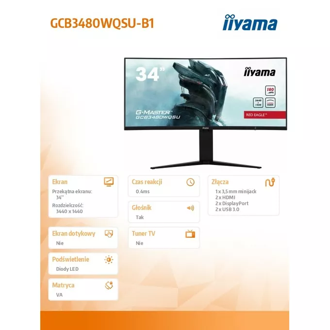 IIYAMA Monitor 34 cale GCB34801WQSU-B1 VA,UWQHD,180HZ,0.4ms,1500R(Curved),   2xHDMI,2xDP,2xUSB 3.2,2x3W,HDR400,HAS(110mm),VESA(100x100mm)
