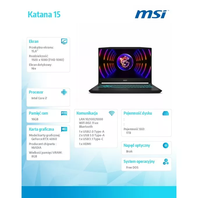 MSI Notebook Katana 15 B13VFK-1437XPL nOS/i7-13620/16GB/1T/RTX4060/15.6