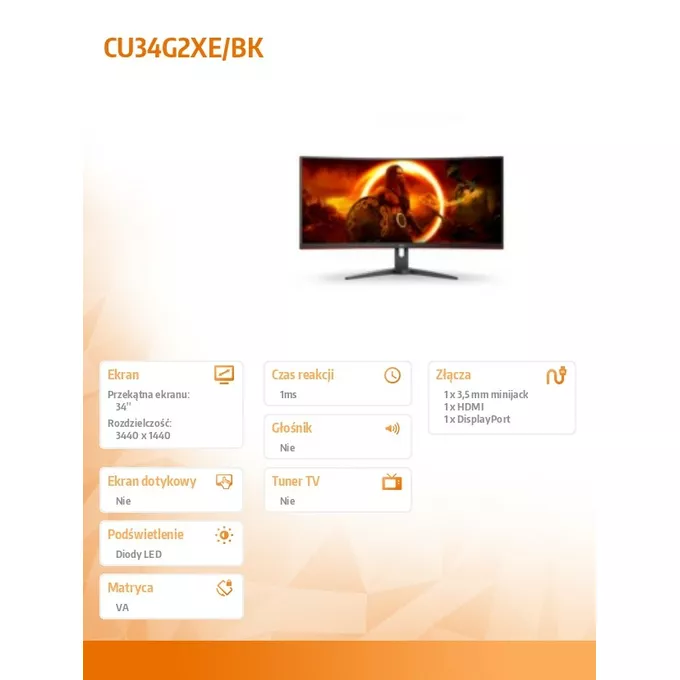 AOC Monitor 34 cale CU34G2XE 34 cale VA Zakrzywiony 144Hz HDMI DP