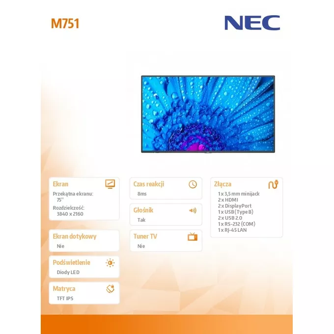 NEC Monitor wielkoformatowy MultiSync M751 75 cali UHD 24/7 500cd/m2 ...