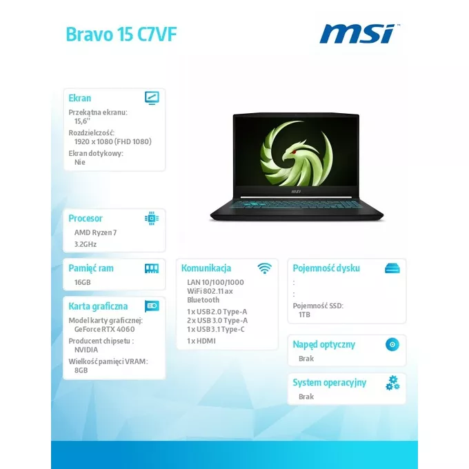 MSI Notebook Bravo 15 C7VF-249XPL   nOS/R7-7735HS/16GB/1TB/RTX4060/15.6