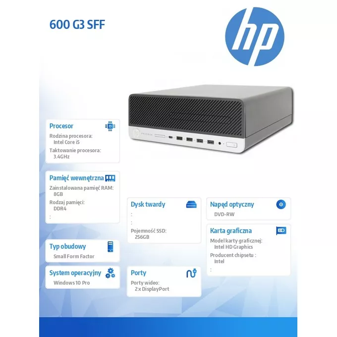 HP Komputer poleasingowy ProDesk 600 G3 SFF Core i5 7500 (7-gen.)   / 8 GB / 256 SSD / Win 10 Prof.
