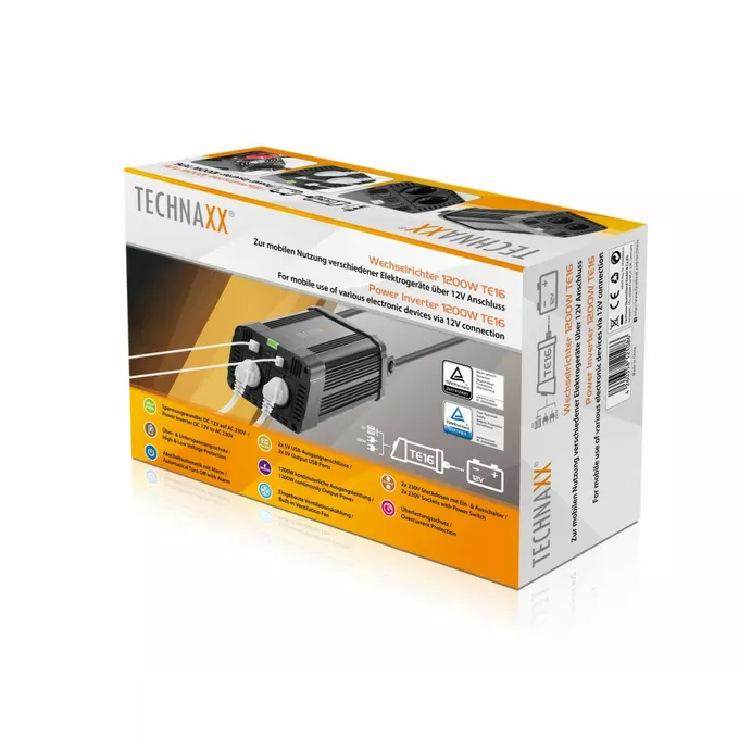 Technaxx Deutschland GmbH &amp; Co. KG TE16 Przetwornica (falownik) o mocy ciągłej 1.200W (2x VAC 230V / 2x USB)