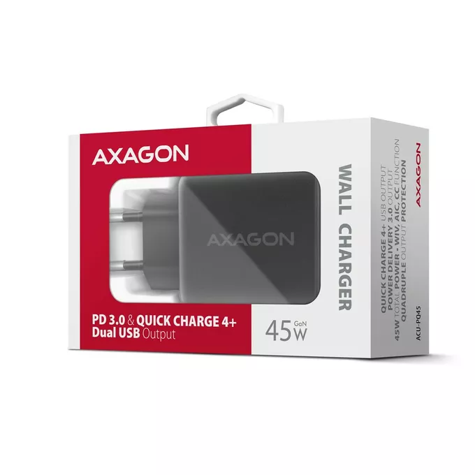 AXAGON Ładowarka sieciowa ACU-PQ45 2-port  QC3.0,4.0/AFC/FCP/PPS/Apple  + PD type-C, 45W, Czarna