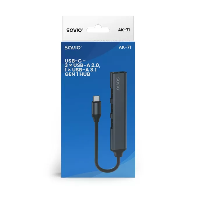 Savio Hub 4 porty USB-C - 3 x USB-A 2.0, 1 x USB-A 3.1 3.1 GEN 1, 5 Gbps, AK-71