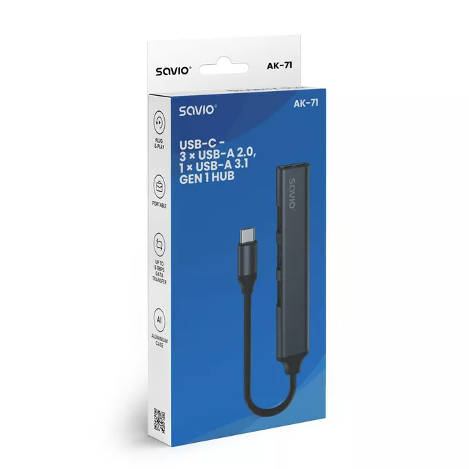 Savio Hub 4 porty USB-C - 3 x USB-A 2.0, 1 x USB-A 3.1 3.1 GEN 1, 5 Gbps, AK-71