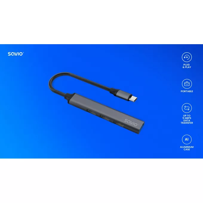 Savio Hub 4 porty USB-C - 3 x USB-A 2.0, 1 x USB-A 3.1 3.1 GEN 1, 5 Gbps, AK-71